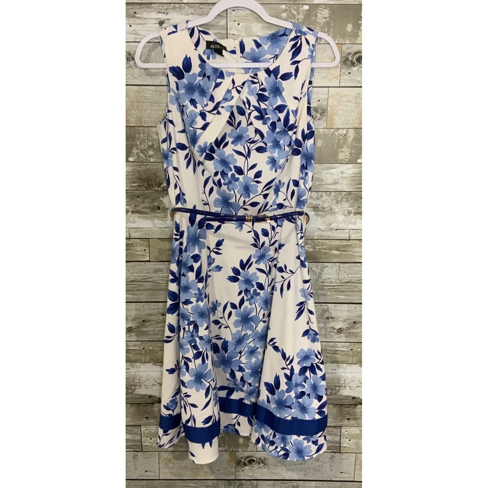 ALYX Womens Blue White Floral Sleeveless Belted Dress Size 12